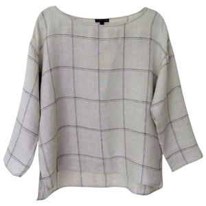 $178 Eileen Fisher Plaid Organic Linen Top XSmall 2 4 Windowpane Natural NWT